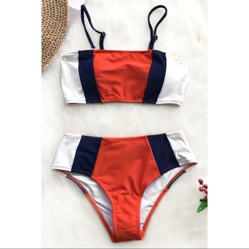 Cupshe Tricolor Bandeau Bikini Orange white navy